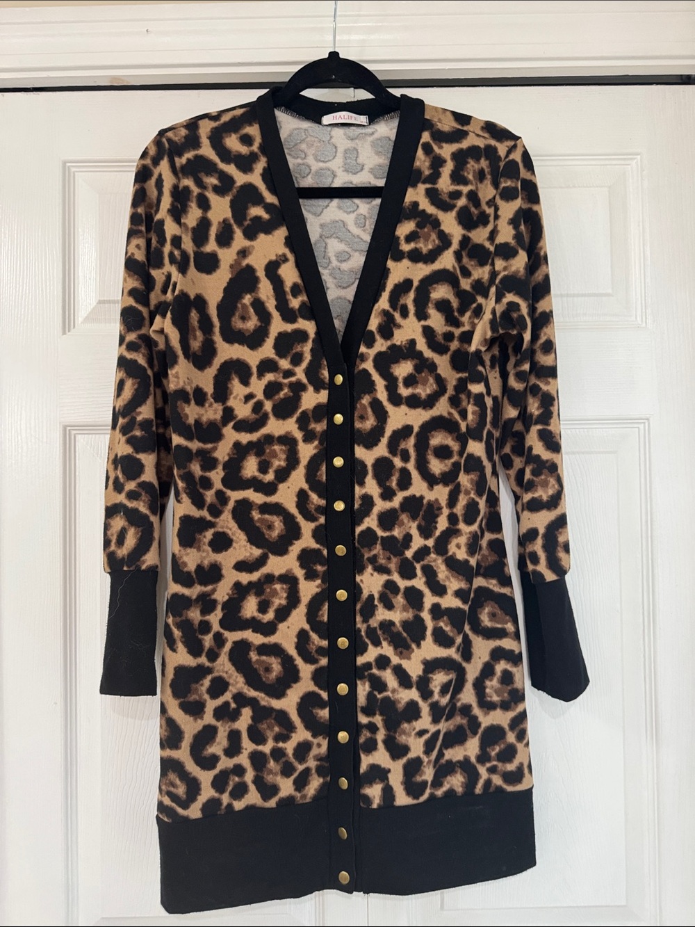 Alife Leopard Print Long Cardigan in Tan and Black with Gold Snaps